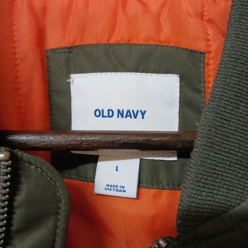 Olive Bomber Jacket | Size Large | Old Navy | Orange Lining - Picture 3 of 8